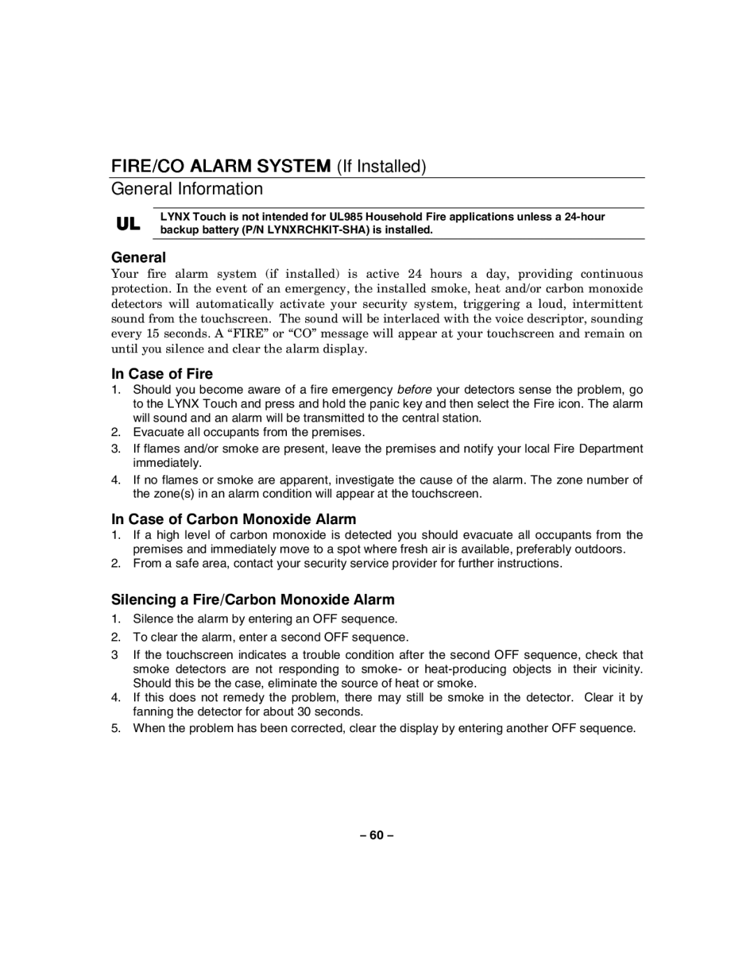 Honeywell 800-06894 FIRE/CO Alarm System If Installed General Information, Case of Fire, Case of Carbon Monoxide Alarm 