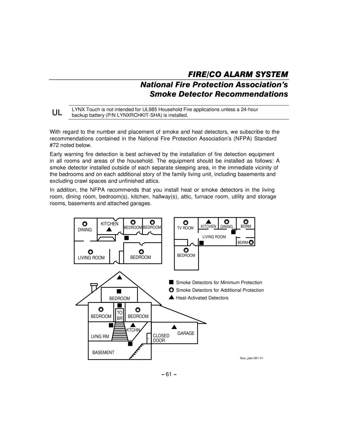 Honeywell 800-06894 manual FIRE/CO Alarm System, Living Room Bedroom 