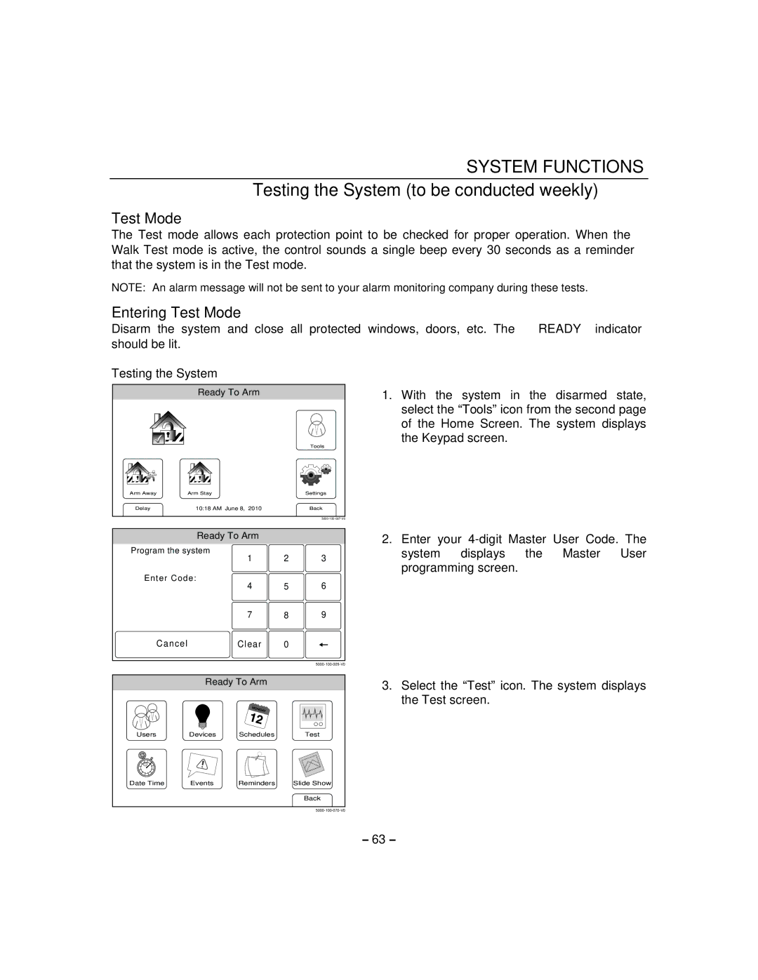 Honeywell 800-06894 manual System Functions, Testing the System to be conducted weekly, Entering Test Mode 