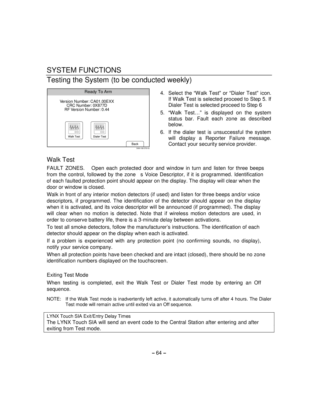 Honeywell 800-06894 manual Walk Test, Exiting Test Mode 