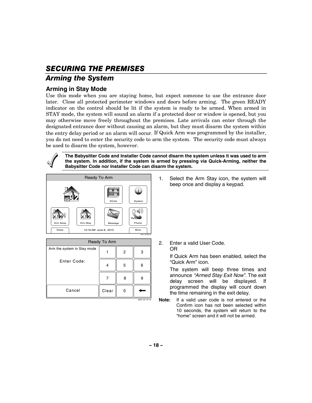 Honeywell 800-06894 manual SECURING THE PREMISES Arming the System, Arming in Stay Mode 