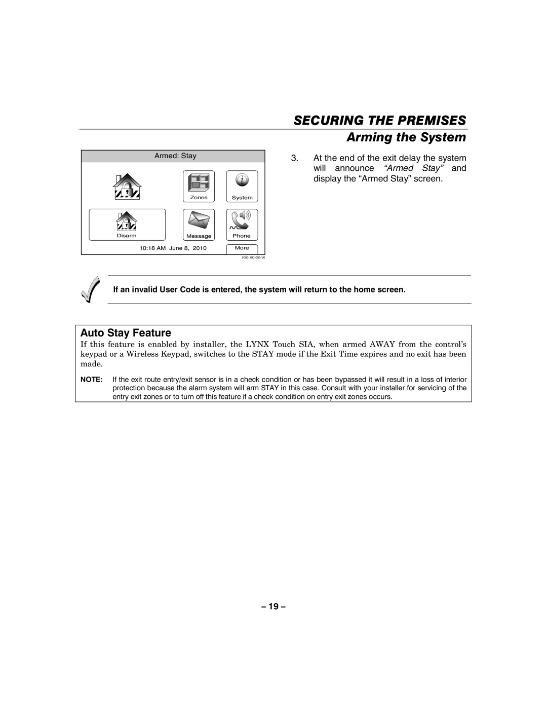 Honeywell 800-06894 manual Securing The Premises, Arming the System, Auto Stay Feature 