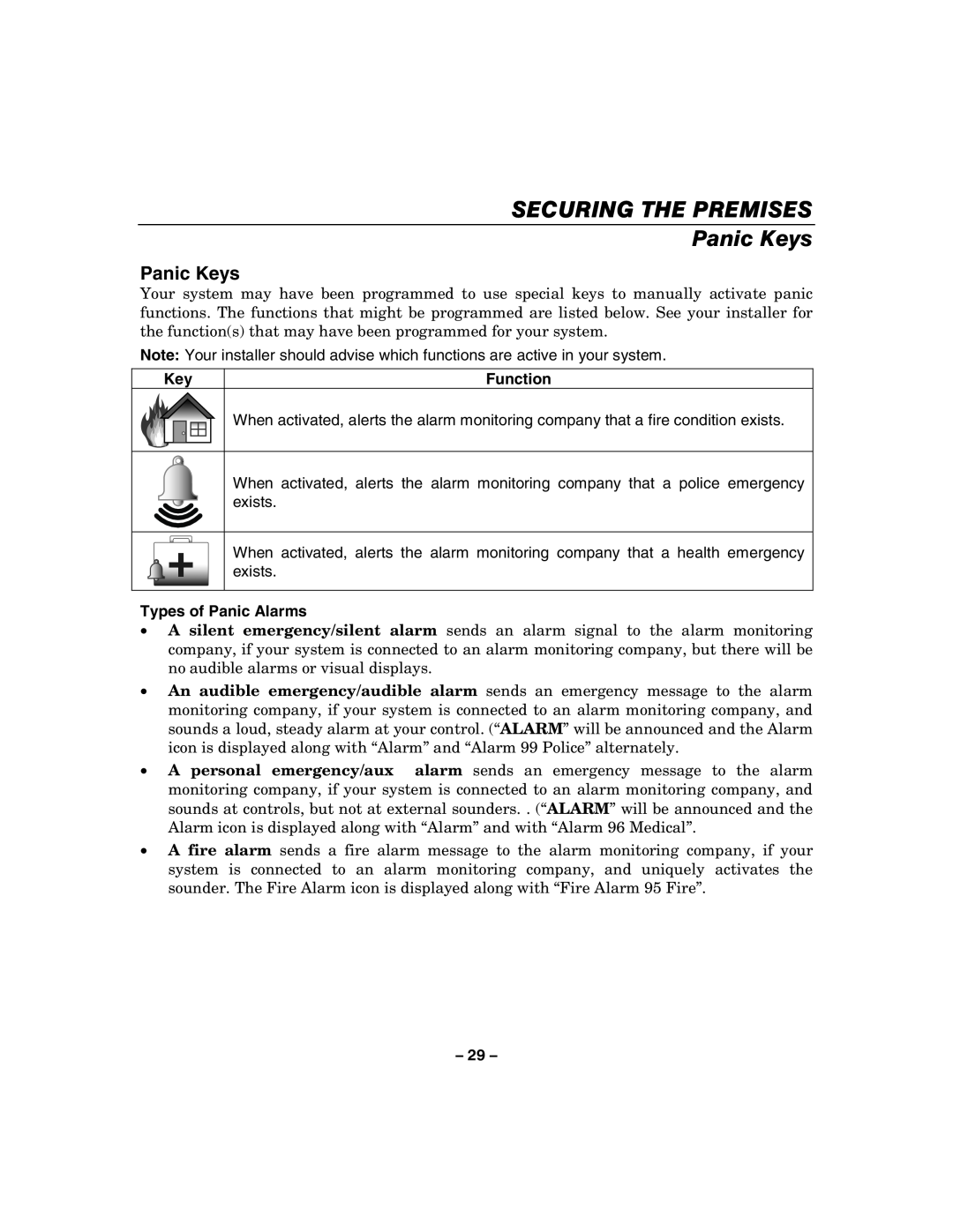 Honeywell 800-06894 manual SECURING THE PREMISES Panic Keys, Function, Types of Panic Alarms 