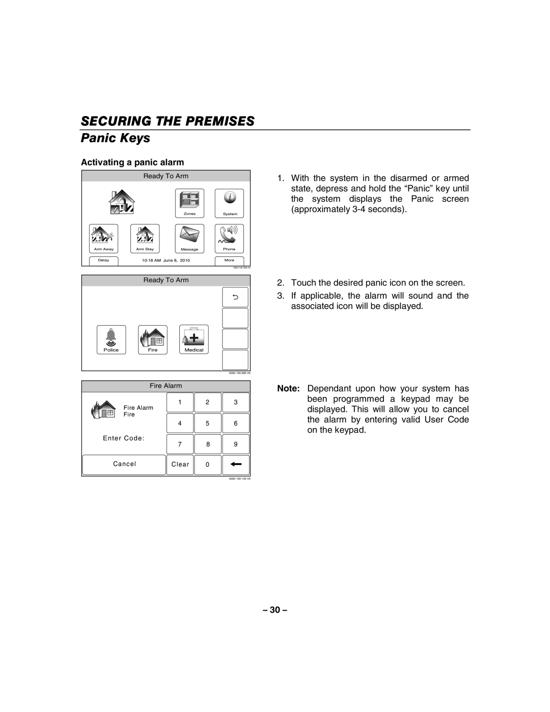 Honeywell 800-06894 manual Activating a panic alarm, SECURING THE PREMISES Panic Keys 