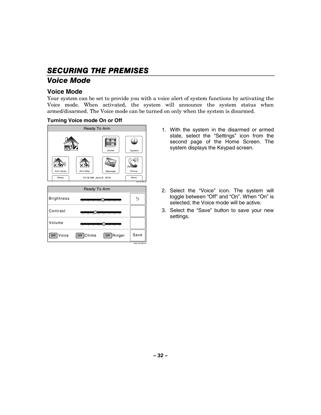 Honeywell 800-06894 manual SECURING THE PREMISES Voice Mode, Turning Voice mode On or Off 