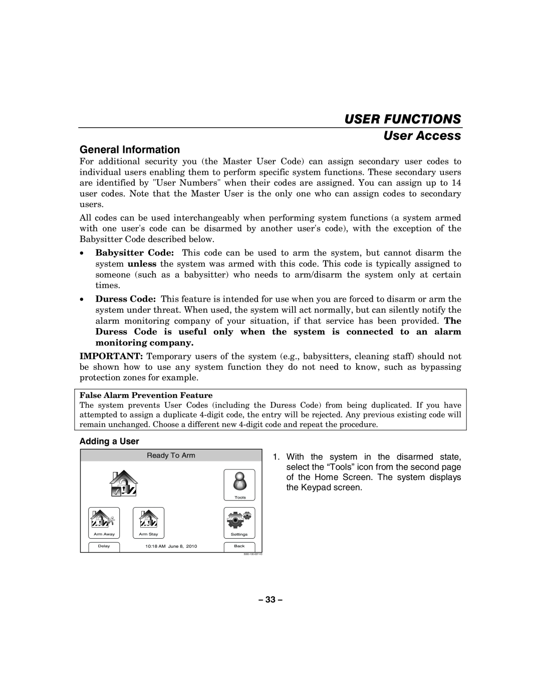 Honeywell 800-06894 manual USER FUNCTIONS User Access, General Information, Adding a User 