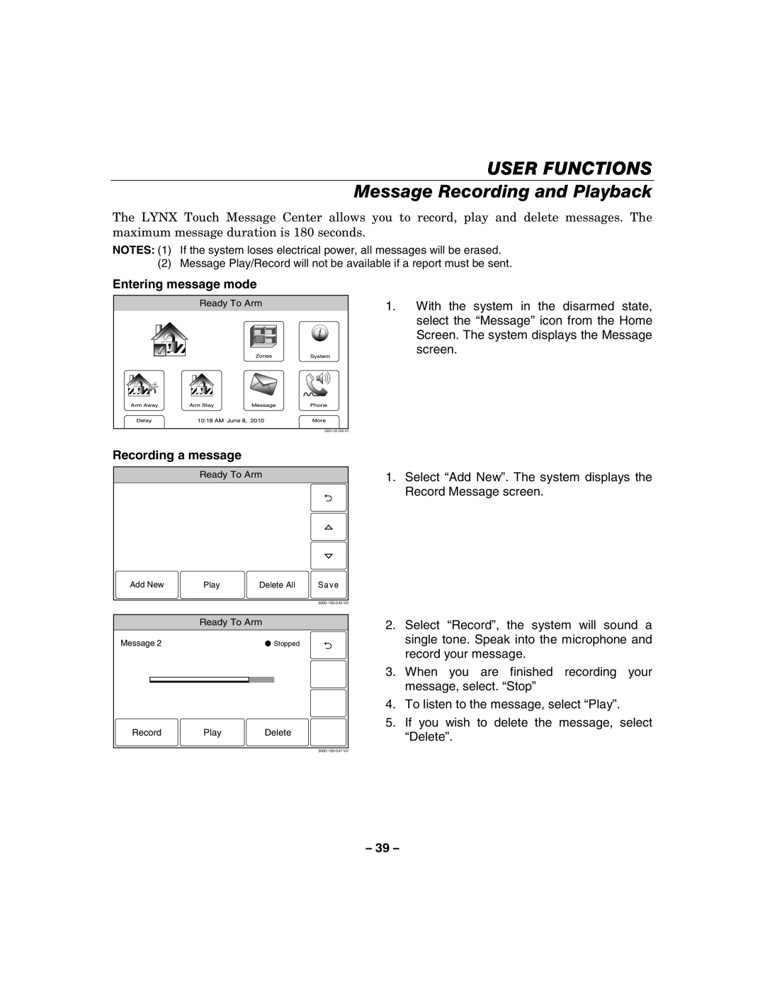 Honeywell 800-06894 manual USER FUNCTIONS Message Recording and Playback, Entering message mode, Recording a message 