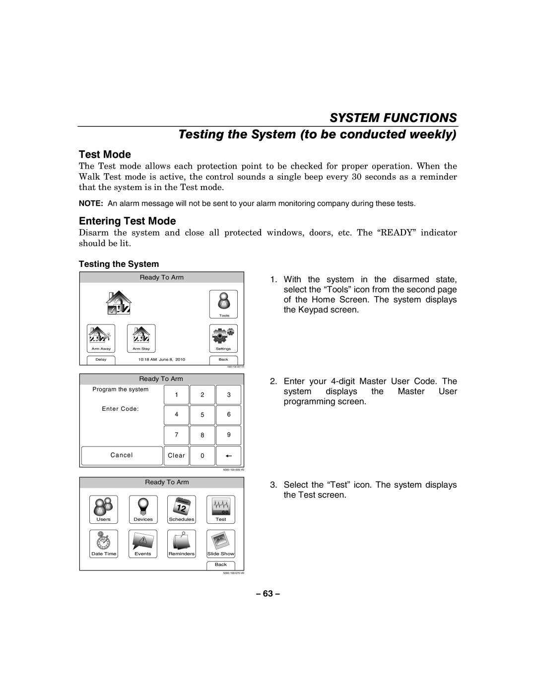 Honeywell 800-06894 manual System Functions, Testing the System to be conducted weekly, Entering Test Mode 