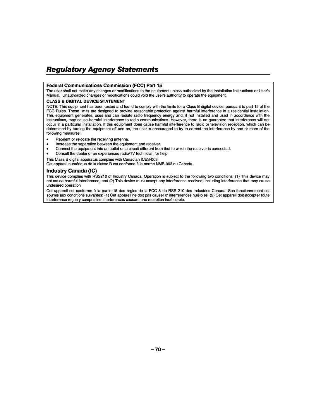Honeywell 800-06894 manual Regulatory Agency Statements, Industry Canada IC, Federal Communications Commission FCC Part 