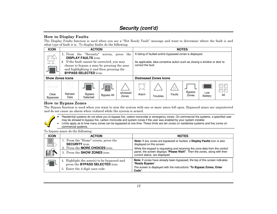 Honeywell 800-08091V3 How to Display Faults, How to Bypass Zones, Display Faults icon, Press the Bypass Selected icon 