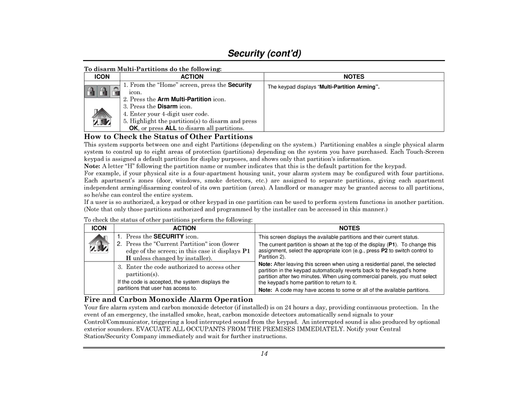 Honeywell 800-08091V3 manual How to Check the Status of Other Partitions, Fire and Carbon Monoxide Alarm Operation 