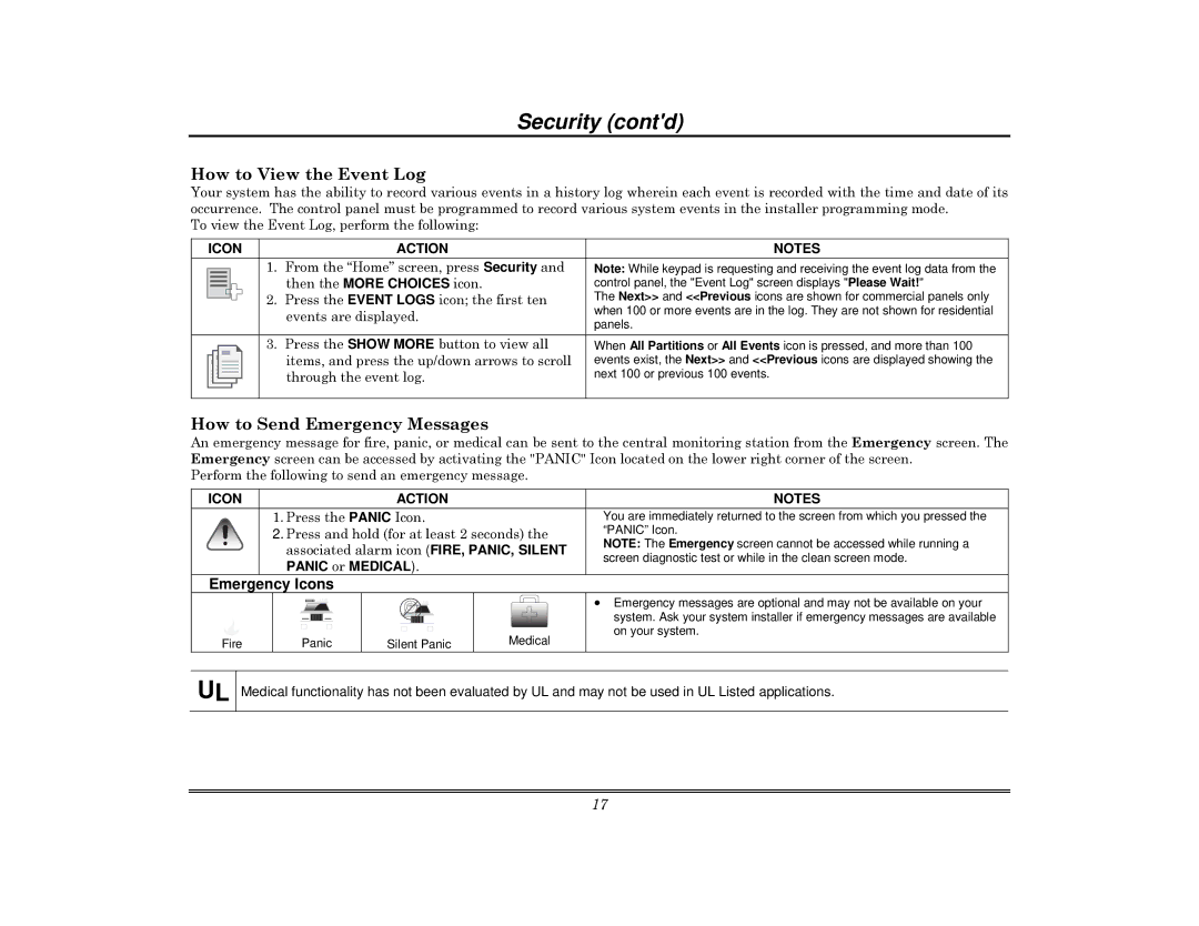 Honeywell 800-08091V3 manual How to View the Event Log, How to Send Emergency Messages, Panic or Medical 