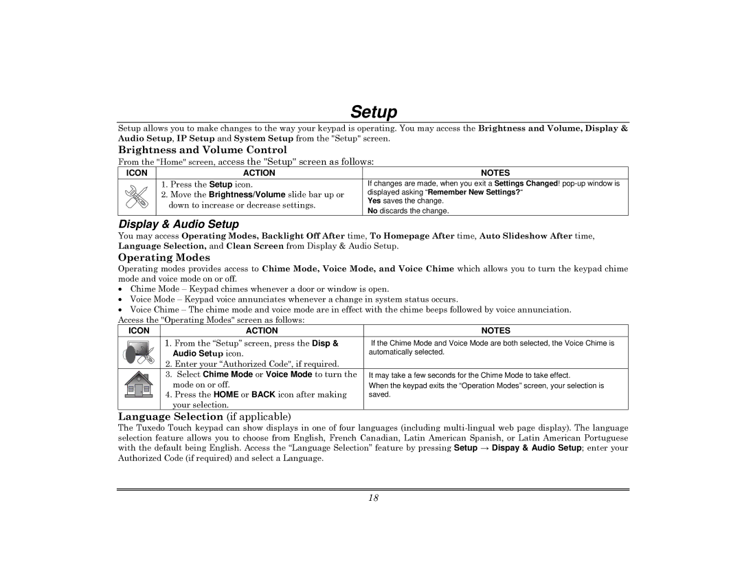 Honeywell 800-08091V3 manual Setup, Brightness and Volume Control, Operating Modes, Language Selection if applicable 