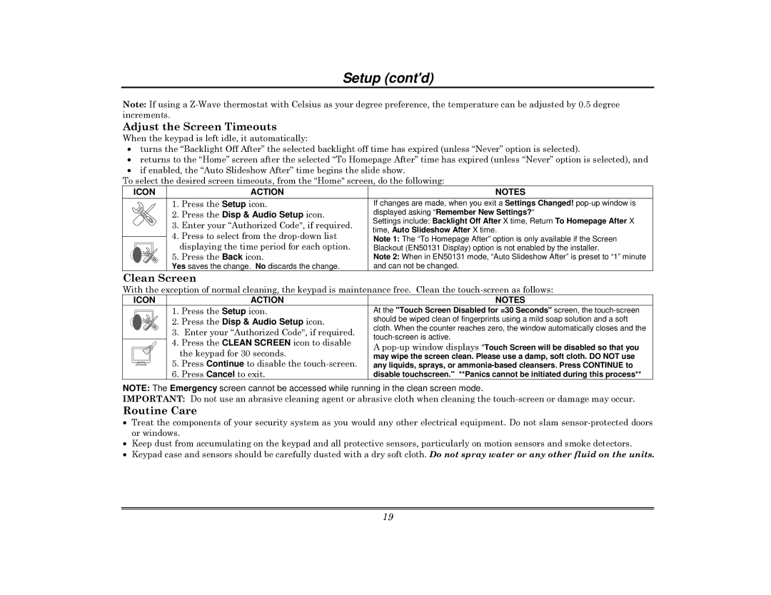 Honeywell 800-08091V3 manual Setup contd, Adjust the Screen Timeouts, Clean Screen, Routine Care 