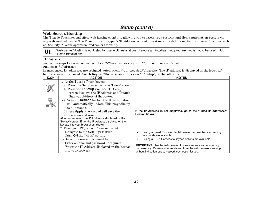 Honeywell 800-08091V3 manual Setup cont’d, Web Server/Hosting, IP Setup 