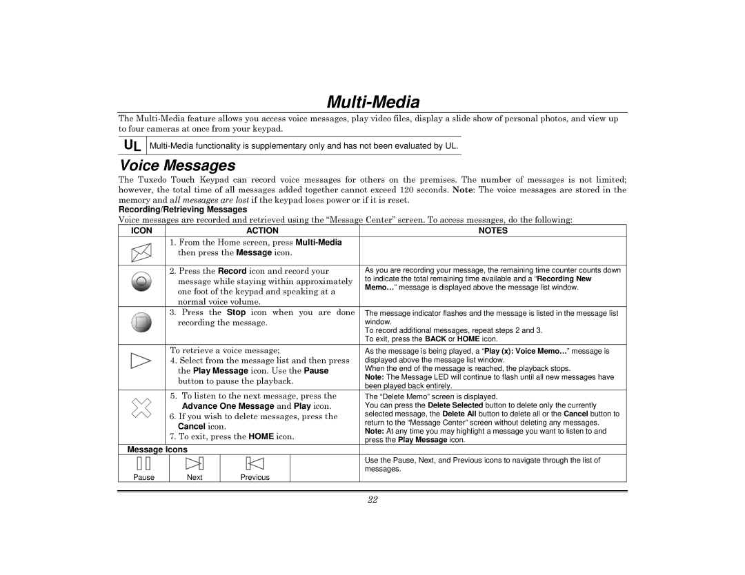 Honeywell 800-08091V3 manual Multi-Media, Voice Messages 