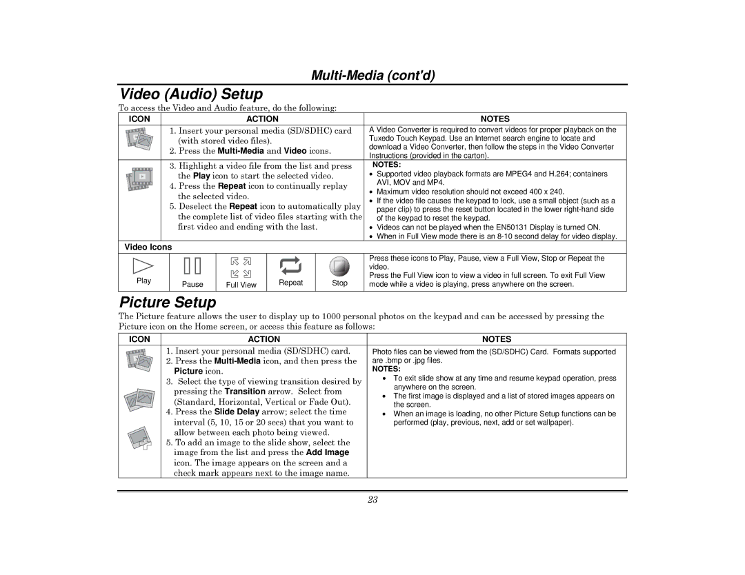 Honeywell 800-08091V3 manual Video Audio Setup, Picture Setup, Multi-Media contd, Video Icons, Picture icon 