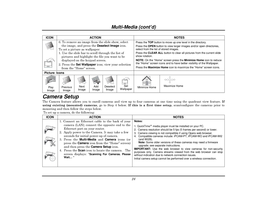 Honeywell 800-08091V3 manual Camera Setup, Multi-Media cont’d, Picture Icons 