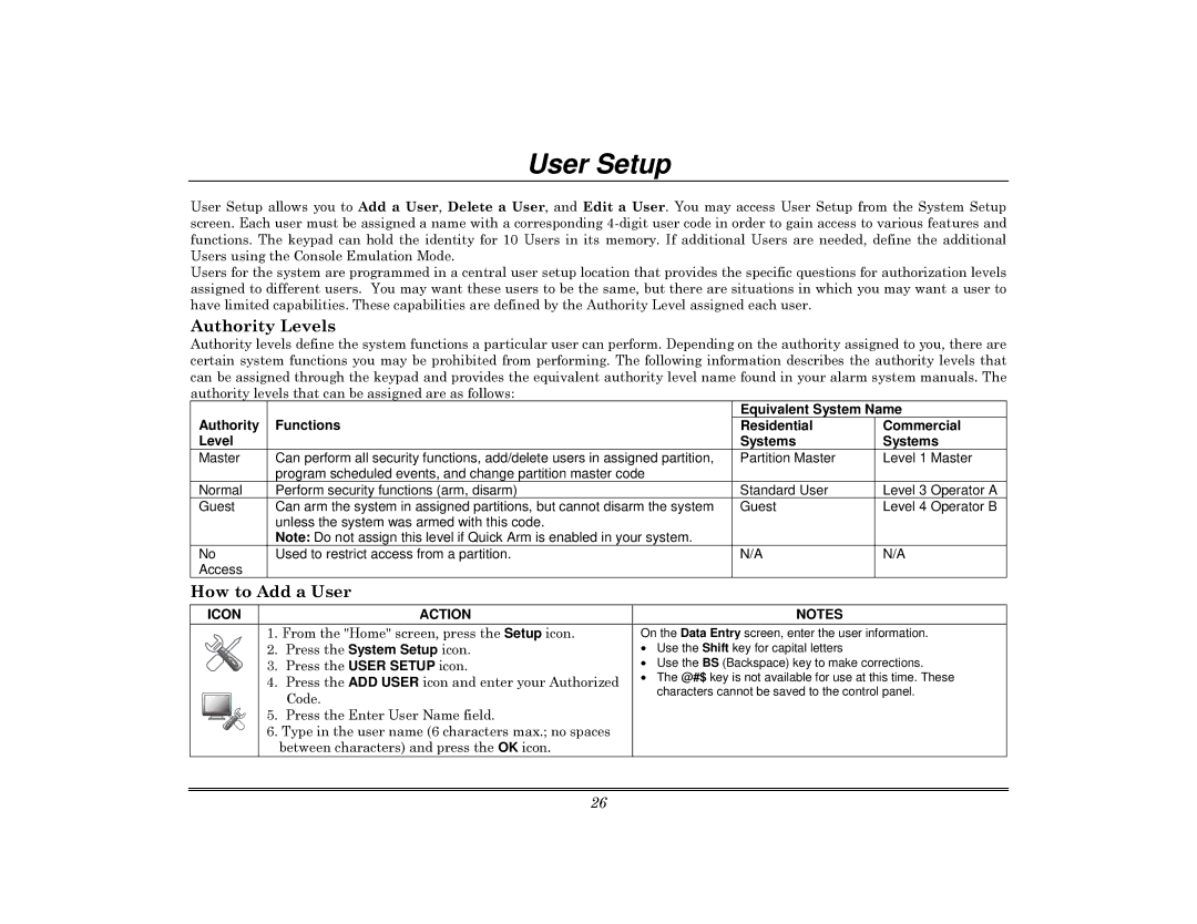 Honeywell 800-08091V3 manual User Setup, Authority Levels, How to Add a User 