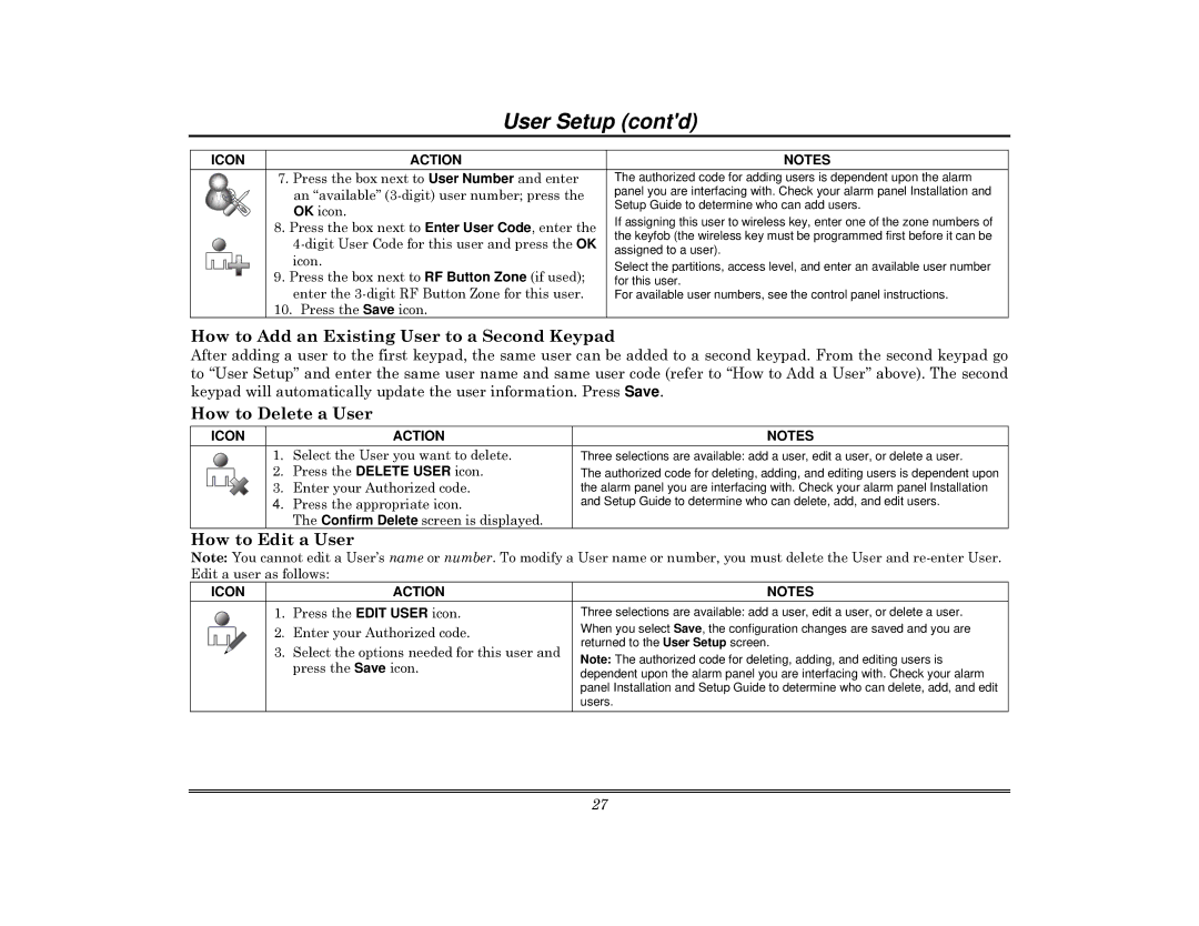 Honeywell 800-08091V3 manual User Setup contd, How to Add an Existing User to a Second Keypad, How to Delete a User 