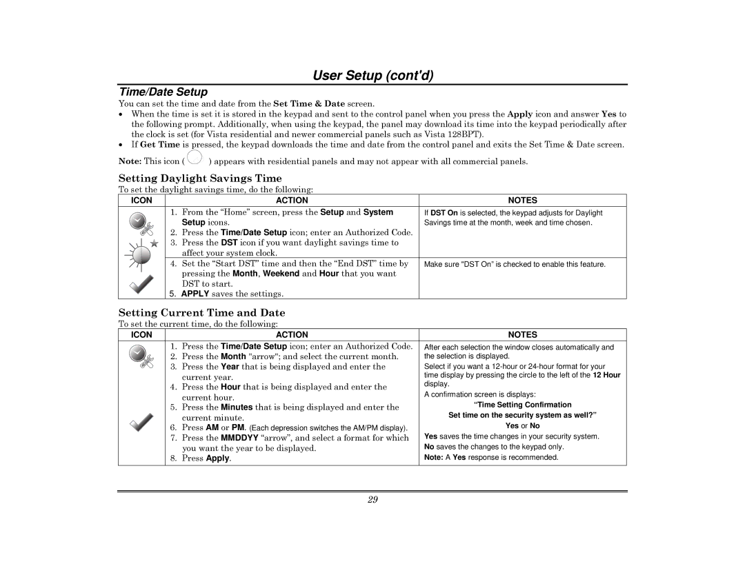 Honeywell 800-08091V3 manual Setting Daylight Savings Time, Setting Current Time and Date, Setup icons 