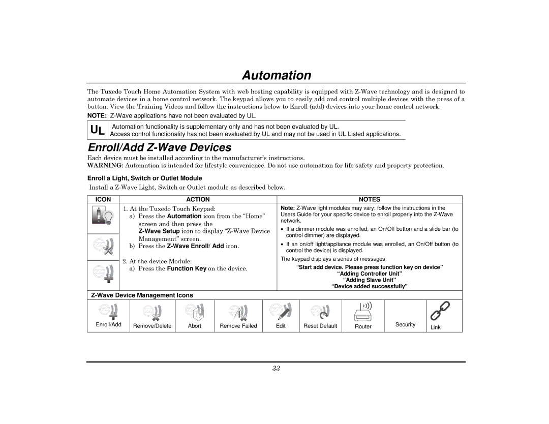 Honeywell 800-08091V3 manual Automation, Enroll/Add Z-Wave Devices, Enroll a Light, Switch or Outlet Module 