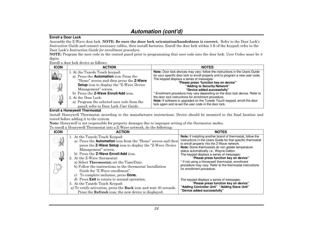 Honeywell 800-08091V3 manual Automation contd, Enroll a Door Lock, Enroll a Honeywell Thermostat 