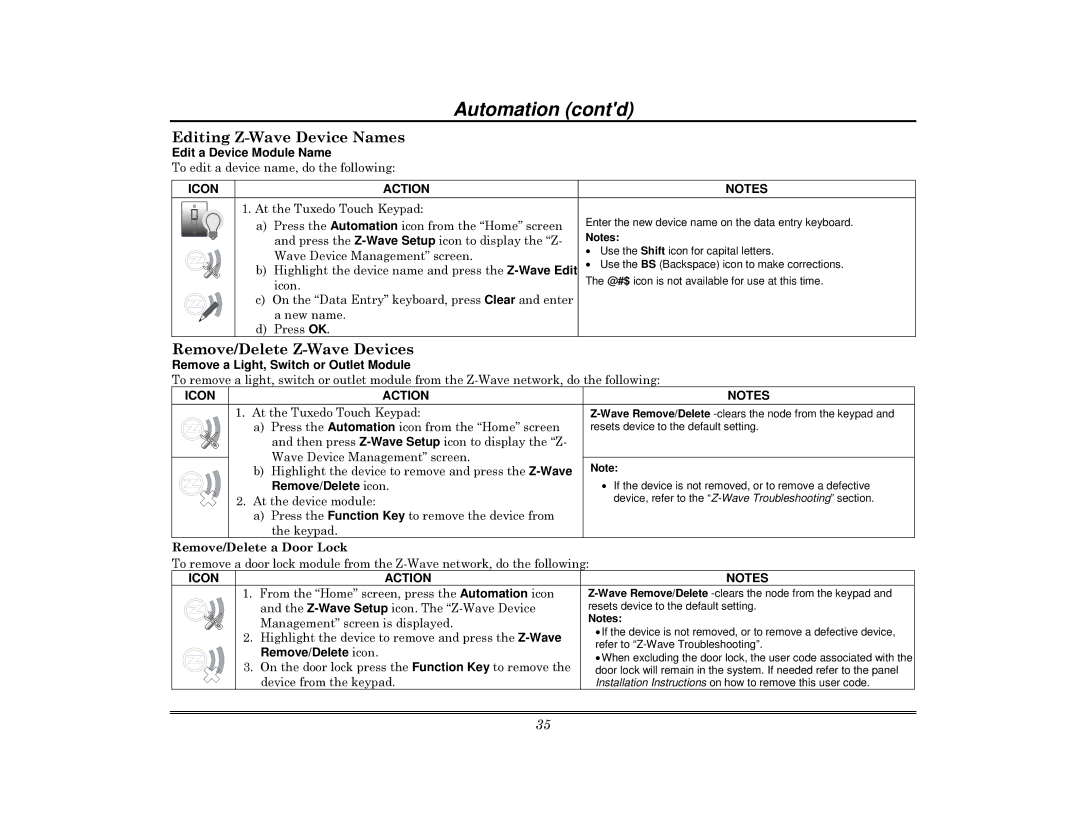 Honeywell 800-08091V3 manual Editing Z-Wave Device Names, Remove/Delete Z-Wave Devices, Edit a Device Module Name 