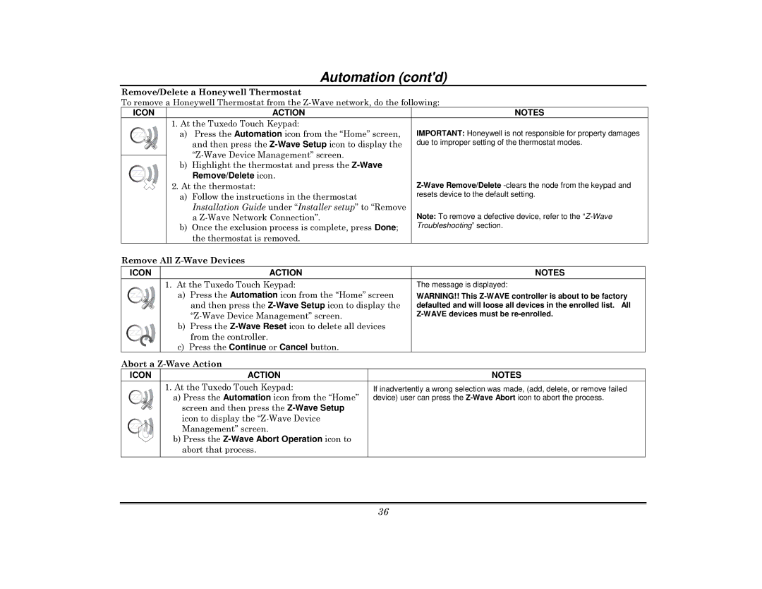 Honeywell 800-08091V3 manual Then press the Z-Wave Setup icon to display, At the thermostat, Thermostat is removed 