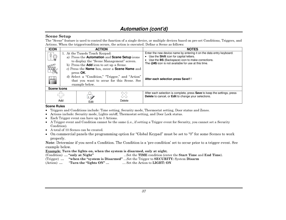 Honeywell 800-08091V3 manual Press the Automation and Scene Setup icons, Scene Icons, Scene Rules 