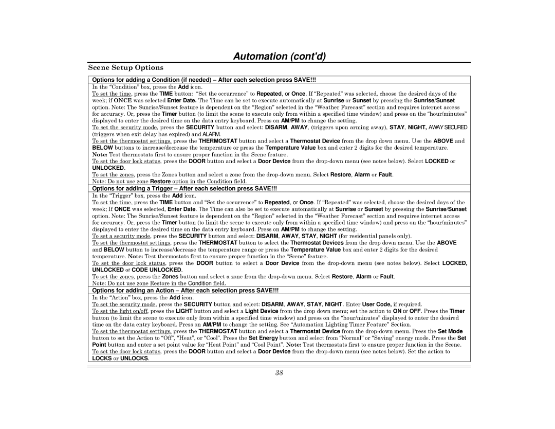 Honeywell 800-08091V3 manual Scene Setup Options 