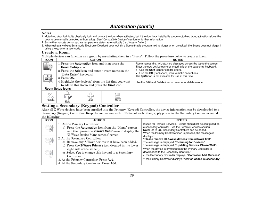 Honeywell 800-08091V3 manual Create a Room, Setting a Secondary Keypad Controller, Room Setup icon, Room Setup Icons 