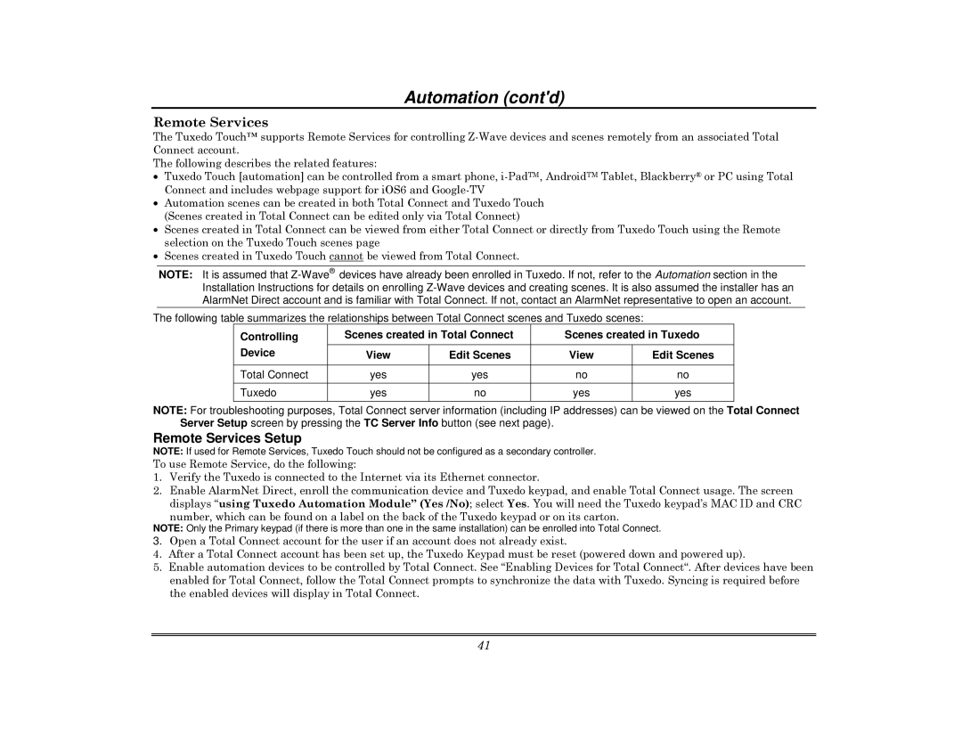 Honeywell 800-08091V3 manual Remote Services, Controlling Device, Scenes created in Total Connect Scenes created in Tuxedo 