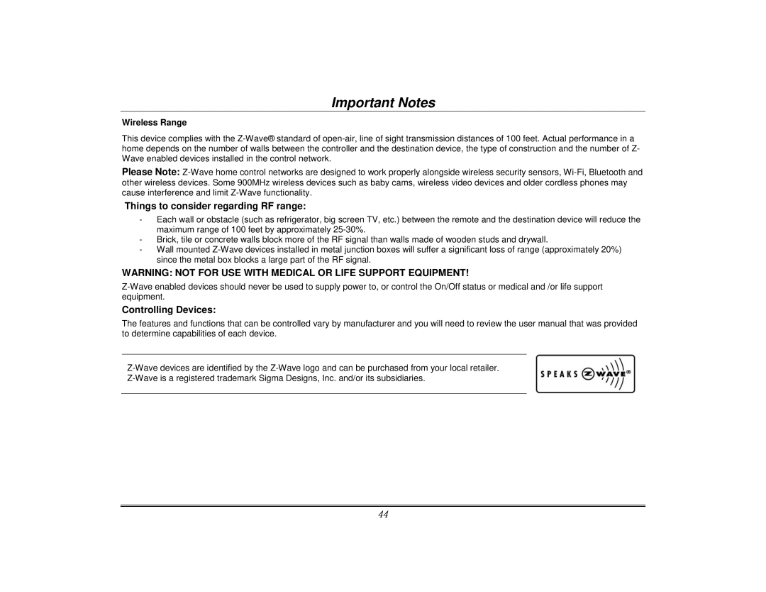 Honeywell 800-08091V3 manual Important Notes, Wireless Range 