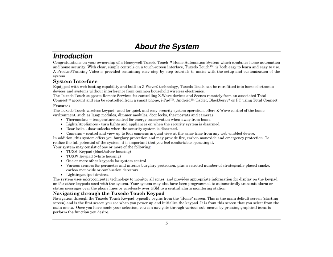 Honeywell 800-08091V3 manual About the System, Introduction, Navigating through the Tuxedo Touch Keypad 