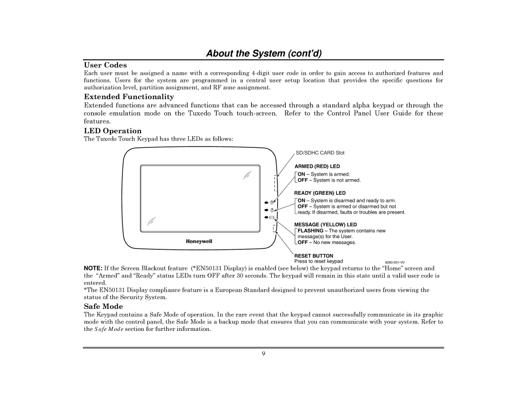 Honeywell 800-08091V3 manual User Codes, Extended Functionality, LED Operation, Safe Mode 