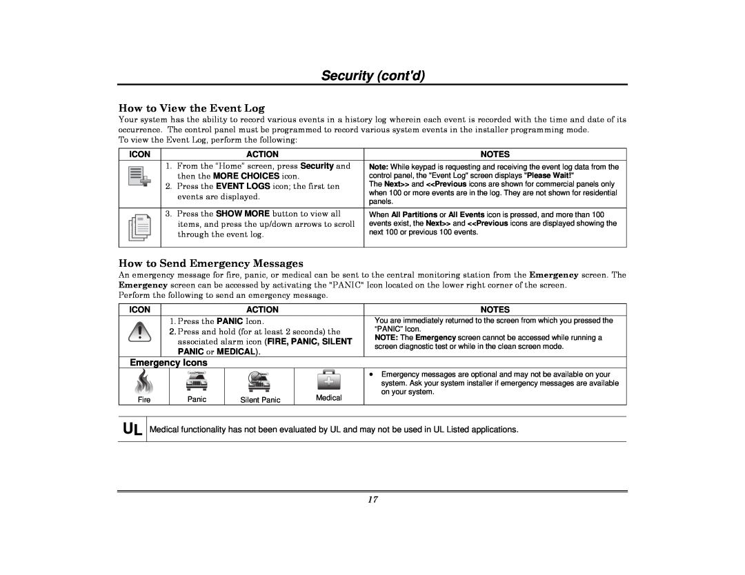 Honeywell 800-08091V3 manual How to View the Event Log, How to Send Emergency Messages, Emergency Icons, Security contd 
