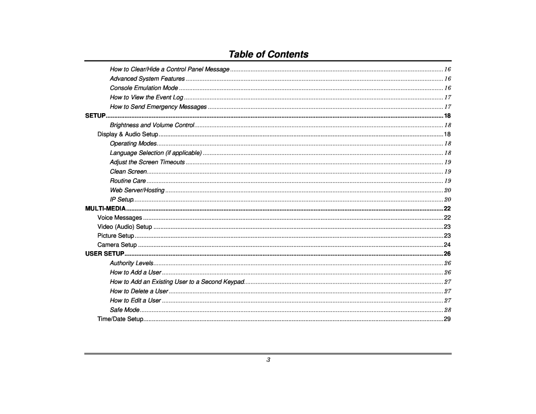 Honeywell 800-08091V3 manual Table of Contents, Multi-Media, User Setup 