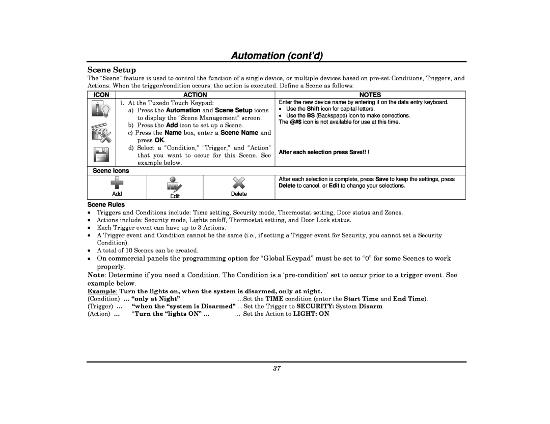 Honeywell 800-08091V3 manual Automation contd, Action, Press the Automation and Scene Setup icons, Scene Icons 