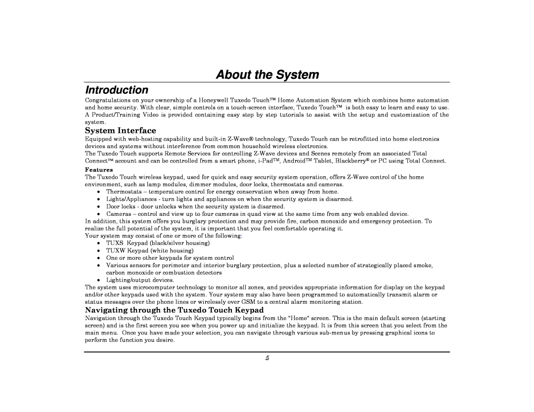 Honeywell 800-08091V3 manual About the System, Introduction, Navigating through the Tuxedo Touch Keypad, System Interface 