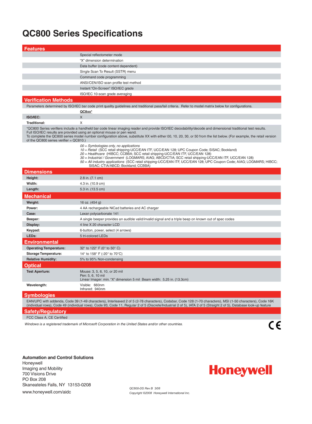 Honeywell 800 Series manual Features, Veriﬁcation Methods, Dimensions, Mechanical, Environmental, Optical, Symbologies 