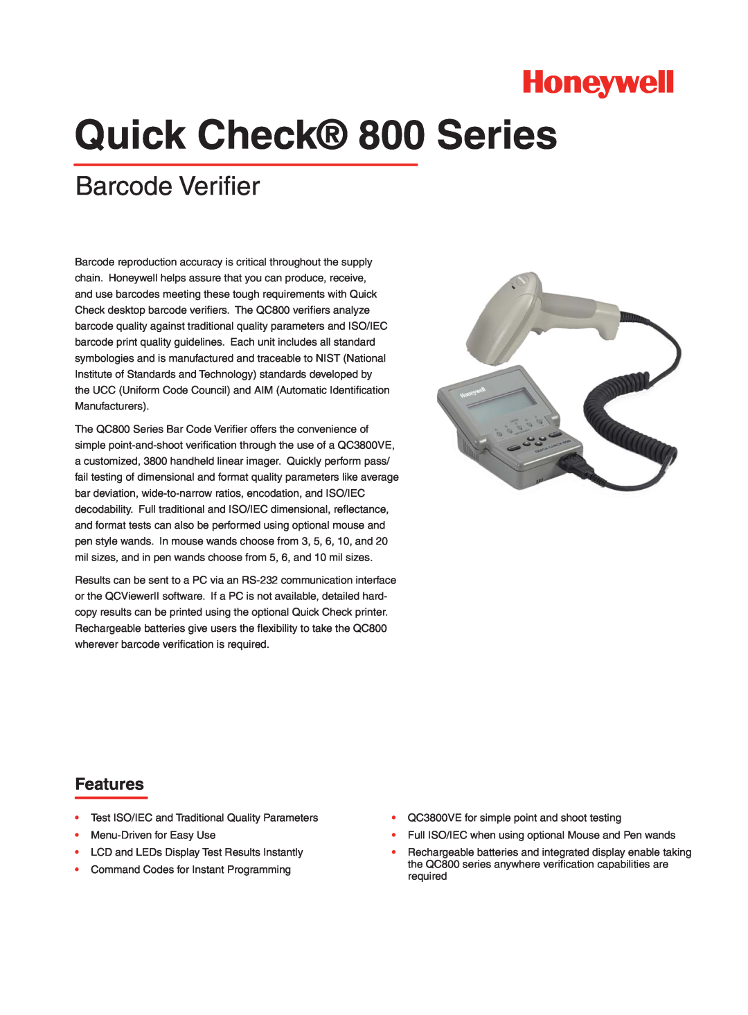 Honeywell manual Quick Check 800 Series, Barcode Veriﬁer, Features 