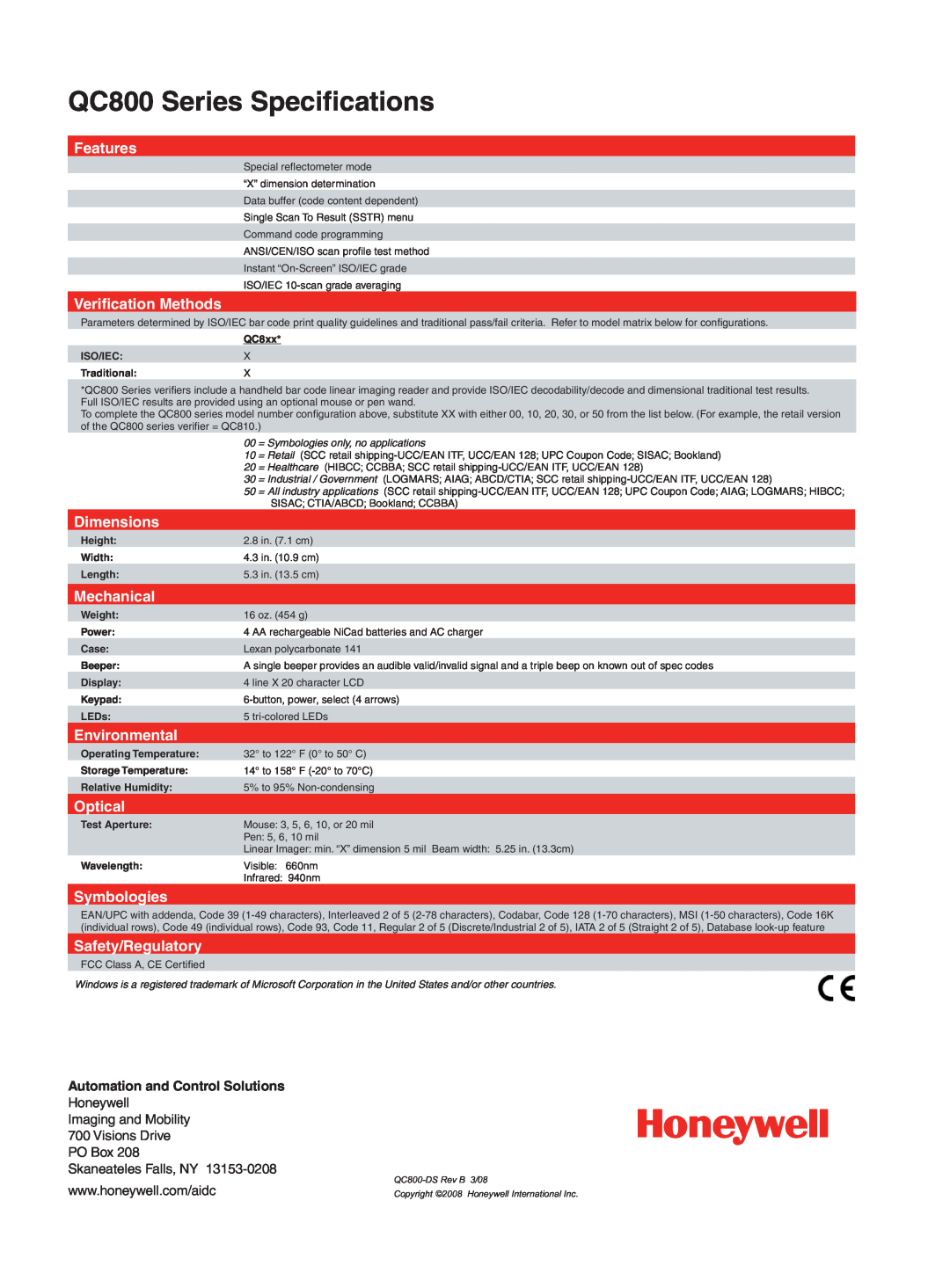 Honeywell QC800 Series Speciﬁcations, Features, Veriﬁcation Methods, Dimensions, Mechanical, Environmental, Optical 
