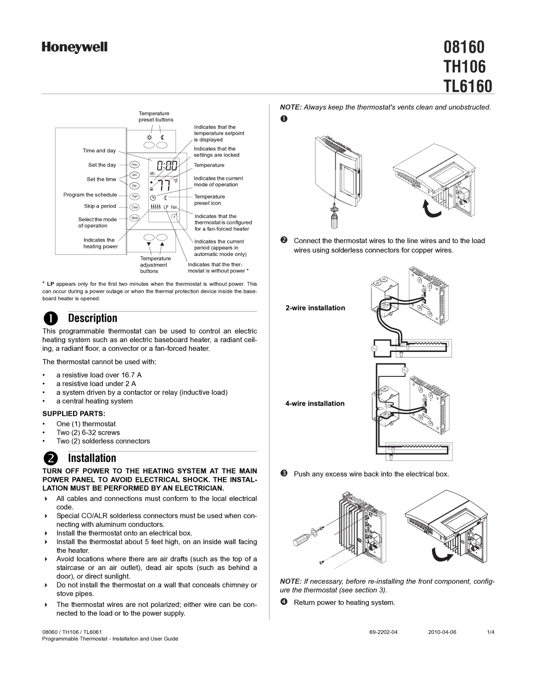 Honeywell 8160 manual Description, Installation, Wire installation 