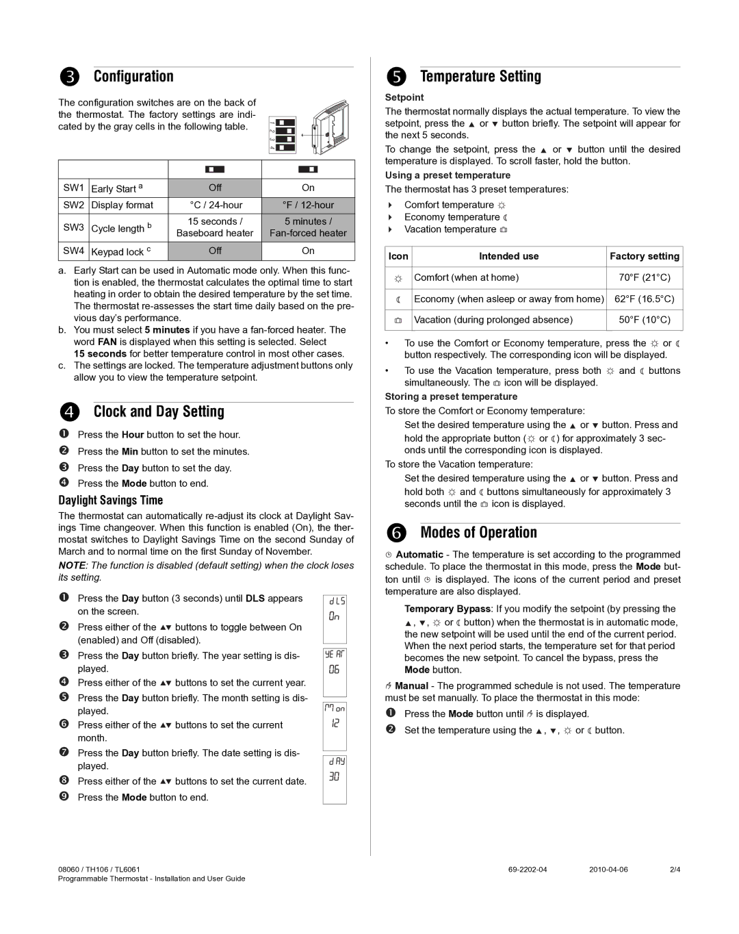 Honeywell 8160 manual Configuration, Clock and Day Setting, Temperature Setting, Modes of Operation 