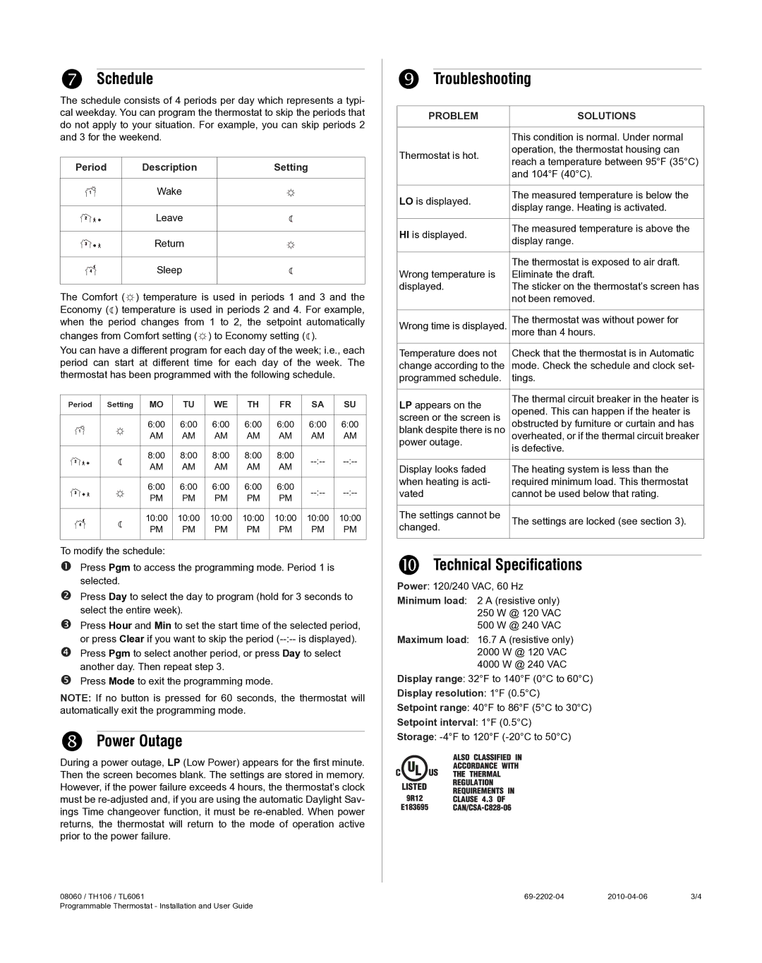 Honeywell 8160 manual Schedule, Power Outage, Troubleshooting, Technical Specifications 