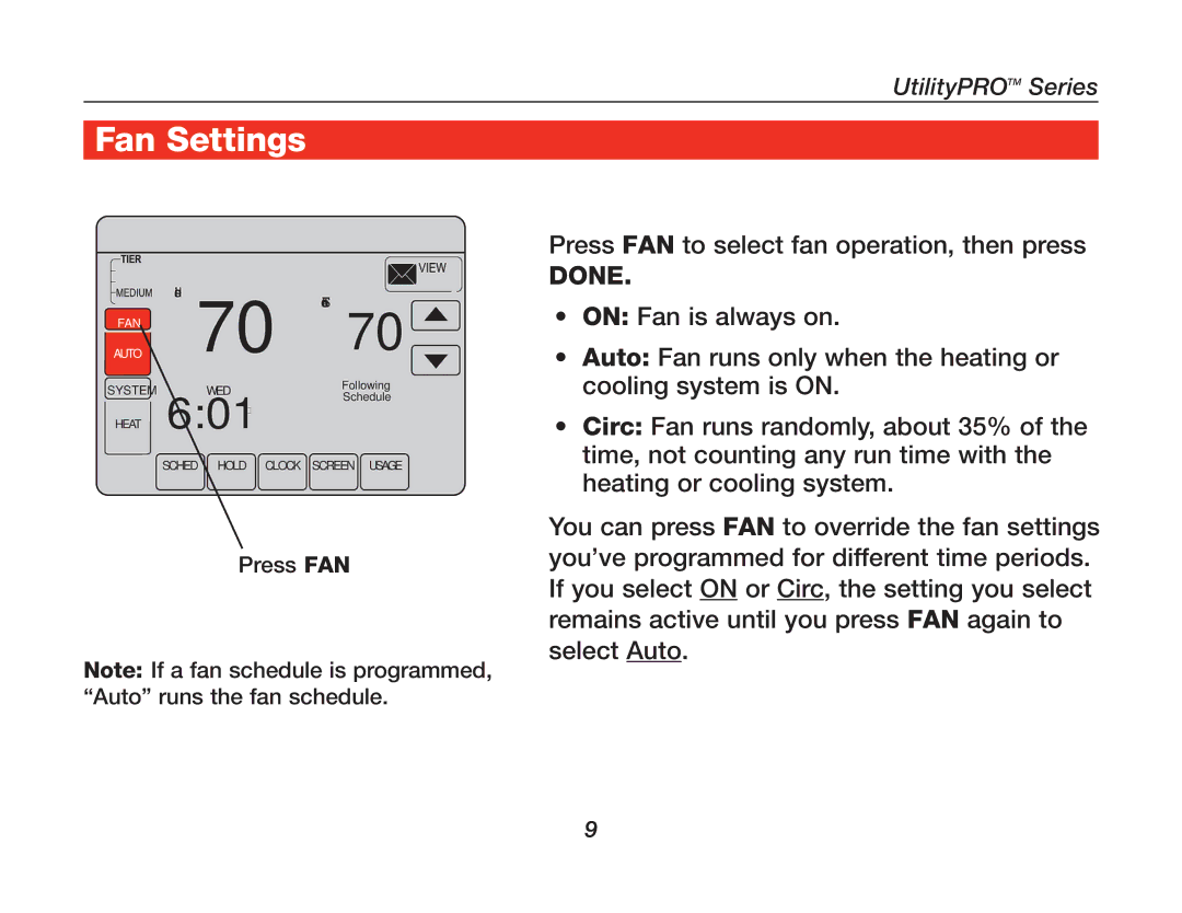 Honeywell 85-3126 manual 601 AM, FanUtilityProGettingSettingsStarted Features 