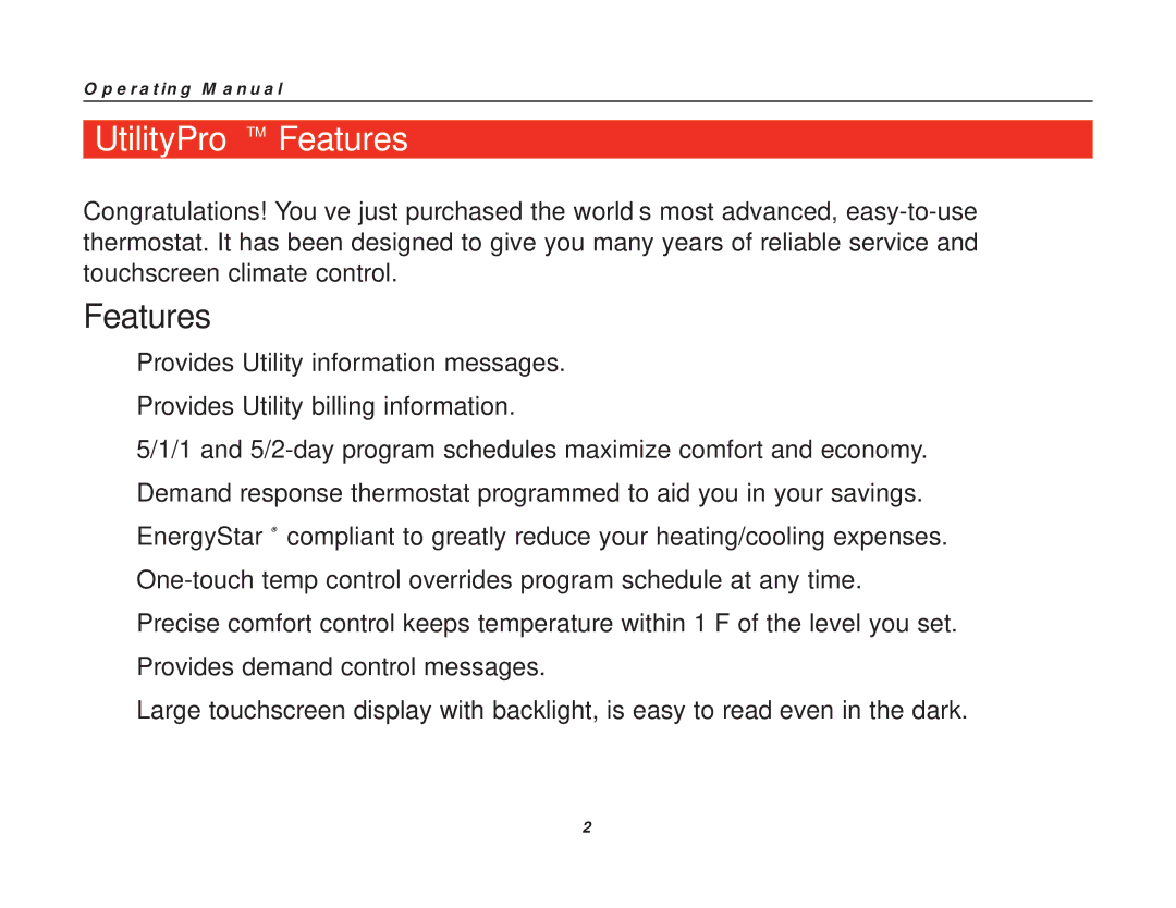 Honeywell 85-3126 manual UtilityProTM Features 