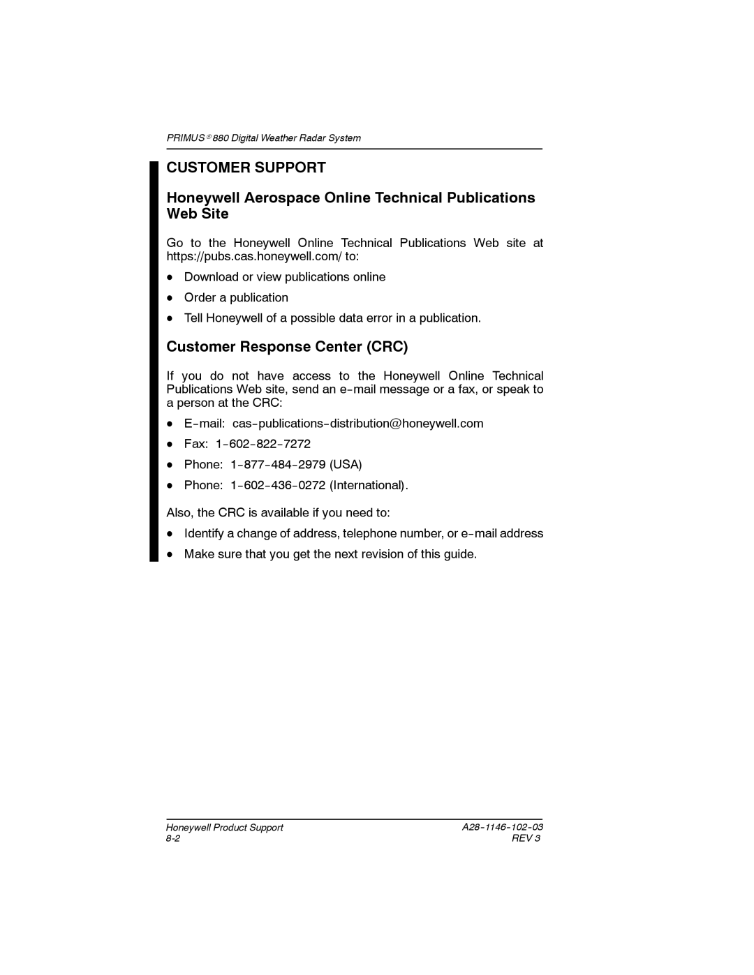 Honeywell 880 Customer Support, Honeywell Aerospace Online Technical Publications Web Site, Customer Response Center CRC 