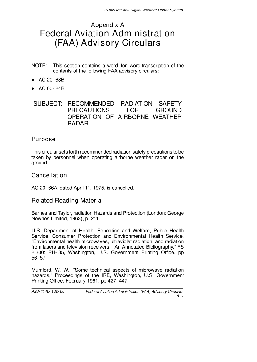 Honeywell 880 manual Federal Aviation Administration FAA Advisory Circulars, Appendix a, Purpose, Cancellation 